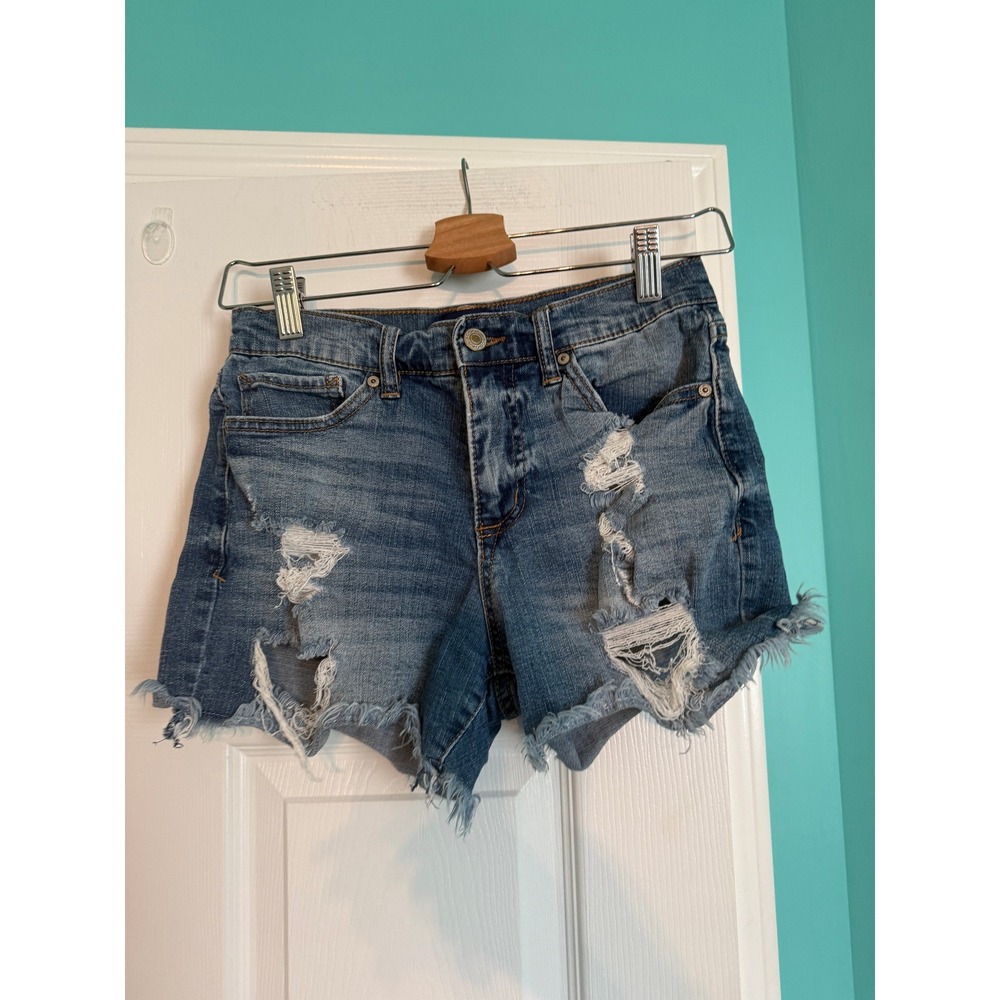 Scoop Womens Distressed Denim Shorts Medium Wash Frayed Hem Size 0